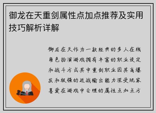 御龙在天重剑属性点加点推荐及实用技巧解析详解